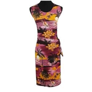 Vintage 90s Sarong Midi Dress Tropical Sunset Bodycon Wrap Midi Resort Hawaiian